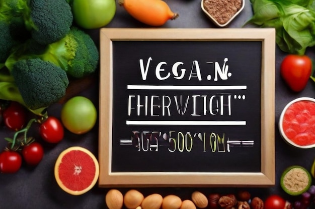 Produits vegans et panneau d'information sur une nutrition saine