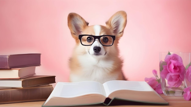 Professeur de chien corgi mignon avec une pile de livres sur fond rose Image générée par IA