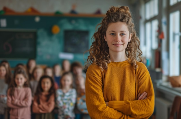 professeur debout devant une salle de classe avec quelques enfants en classe