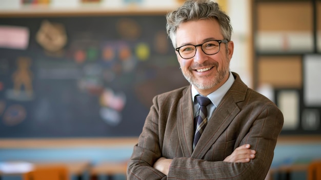 Professeur d'école d'âge moyen souriant en classe Concept d'éducation et d'apprentissage pour les affiches et le design imprimé