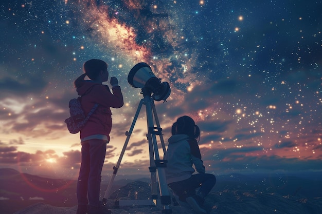 Photo un professeur et un élève ont une leçon d'astronomie.