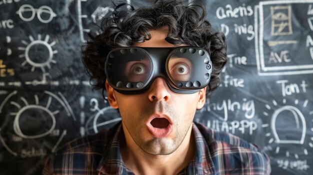 professeur émotionnel joyeux surpris à l'école avec des lunettes de soleil de réalité virtuelle