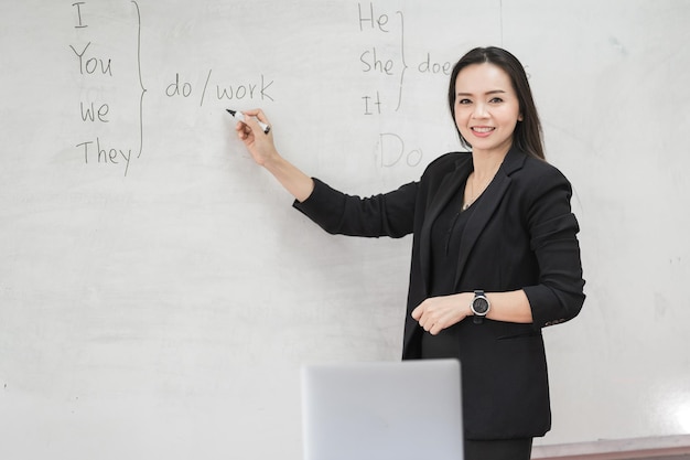 Professeur de femme asiatique gaie et confiante adulte en uniforme de costume noir avec tablette numérique et ordinateur portable enseignant moderne en classe