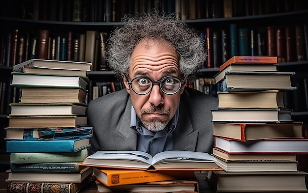 Un professeur fou avec des livres.