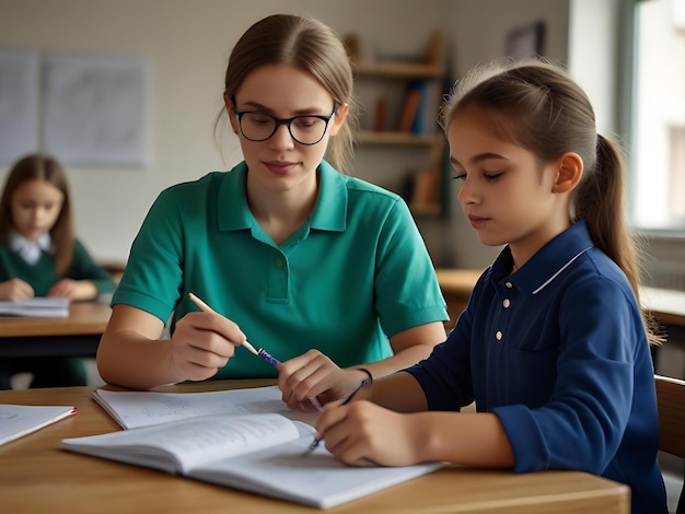 Un professeur heureux donne un papier d'examen à son élève dans une classe.