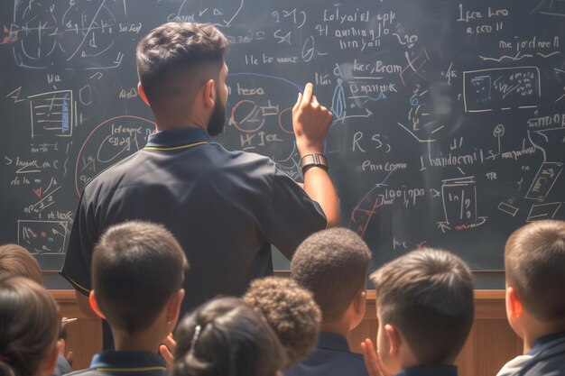 Un professeur heureux en train de donner des leçons à des écoliers.