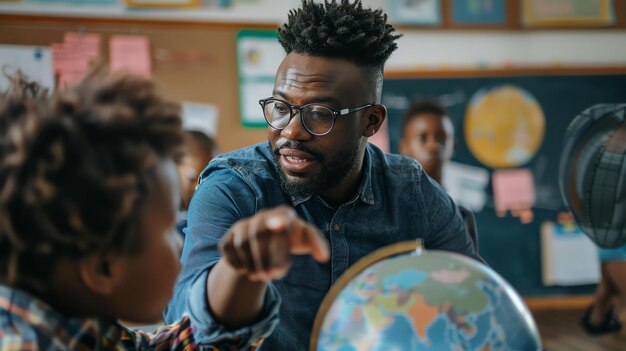 Photo un professeur joyeux qui aide aux devoirs de géographie en souriant et en montrant le globe.