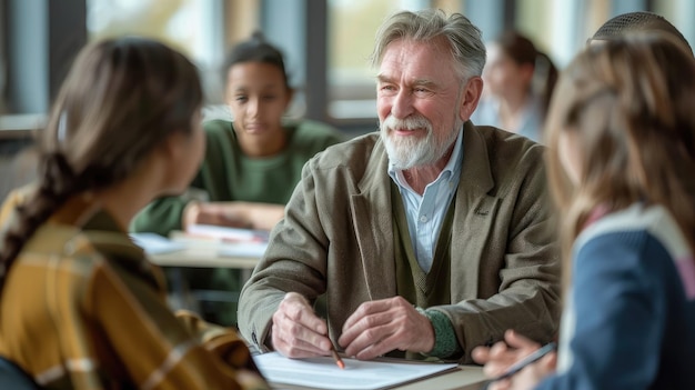 Un professeur mature expliquant aux étudiants à la table à l'université.