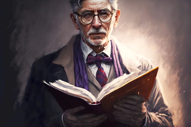 Professeur principal enseignant en cravate et lunettes tient un grand livre