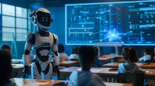 Un professeur robot enseigne à un groupe de jeunes élèves dans une salle de classe futuriste Generative Ai