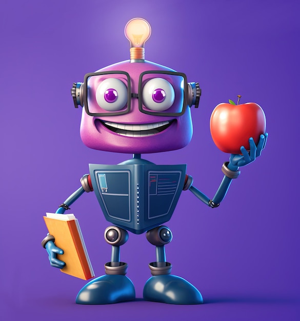 Professeur de robot portant des lunettes tenant un livre et une pomme rouge sur