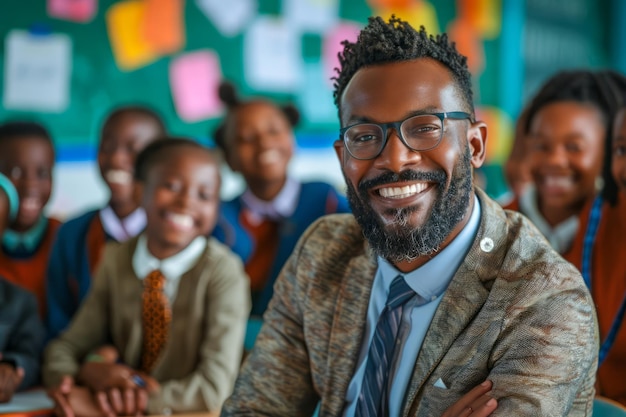 Un professeur souriant avec un groupe d'étudiants divers dans une salle de classe lumineuse qui apprécie les activités d'apprentissage