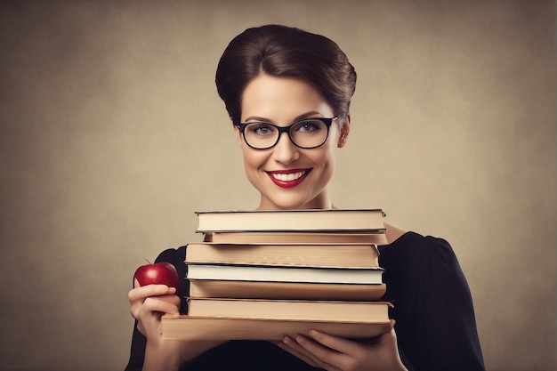 professeur souriant tenant un tas de livres et une pomme le jour mondial des enseignants