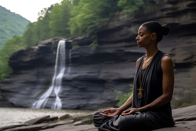 Un professeur de yoga afro-américain pratiquant à l'extérieur.