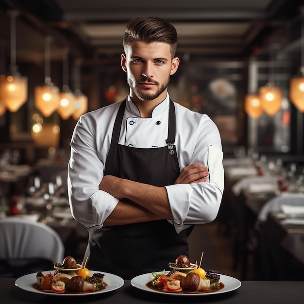 profession de cuisinier et concept de personnes cuisinier masculin heureux servant et nettoyant la assiette