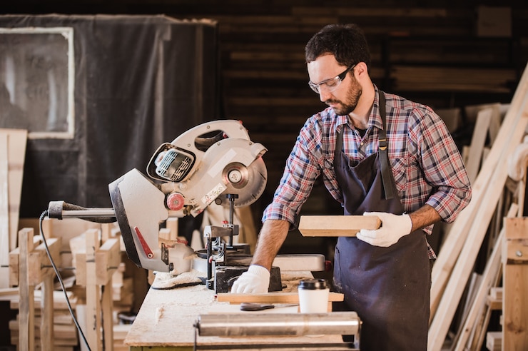 Profession, menuiserie, concept de gens de menuiserie - charpentier avec planche de bois et cahier vérifiant ses notes à l'atelier
