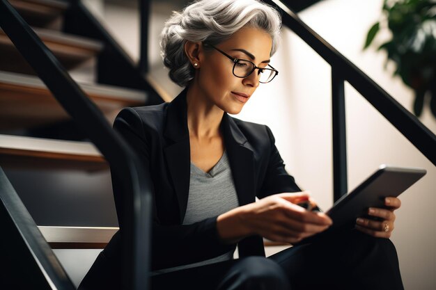 Professionnel d'affaires mature utilisant une tablette pour travailler assis dans les escaliers de son bureau