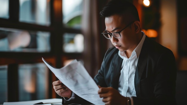 Un professionnel concentré examine attentivement les documents dans un bureau bien éclairé