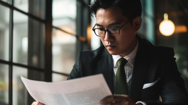 Un professionnel concentré examine attentivement les documents dans un bureau sombre.