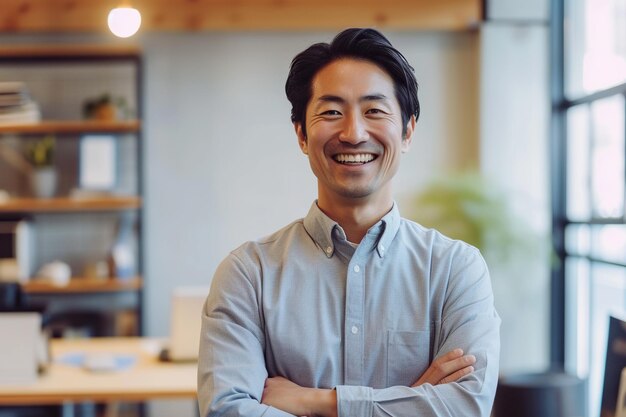 Un professionnel japonais confiant dans un environnement de bureau souriant à la caméra