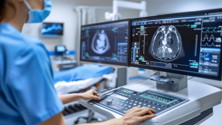 Photo un professionnel de la médecine analyse un scanner cérébral sur ordinateur dans une salle d'opération d'hôpital.