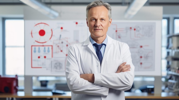 Professionnel médical supérieur aux cheveux blancs portant un manteau de laboratoire debout avec confiance devant une affiche affichant des tableaux et des données scientifiques