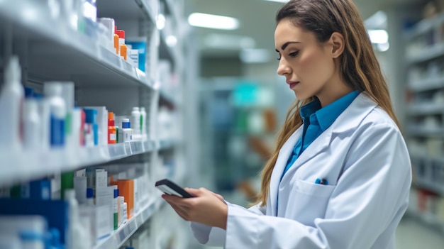 Professionnel de la pharmacie faisant un examen dans une installation de stockage Industrie de la santé et IA générative