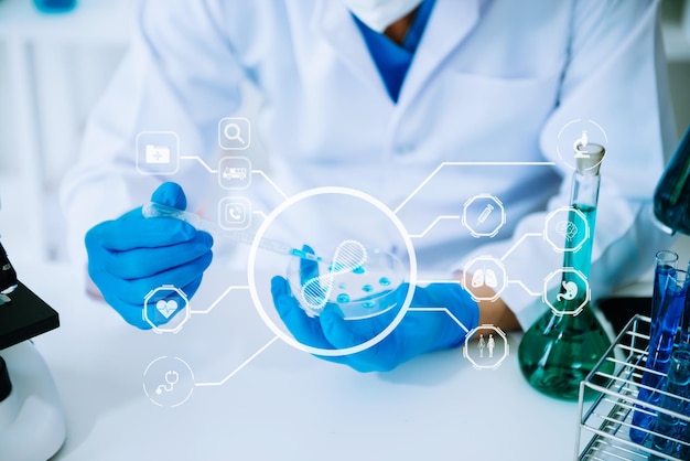 Professionnel de la santé détenant le vaccin Coronavirus COVID19 en laboratoire pour étudier et analyser un échantillon scientifique d'anticorps anti-coronavirusxA
