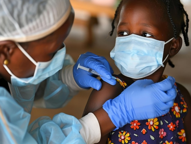 Photo un professionnel de la santé donne une vaccination douce à un jeune enfant, assurant une protection avec un toucher affectueux dans un environnement médical.