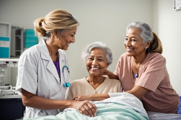 Professionnel de la santé souriant aidant des patients âgés heureux