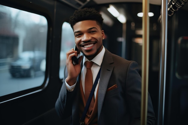 Un professionnel souriant prend l'appel dans le bus.