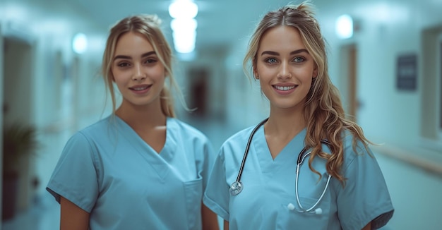Une professionnelle médicale confiante dirigeant une équipe d'infirmières dans un couloir d'hôpital