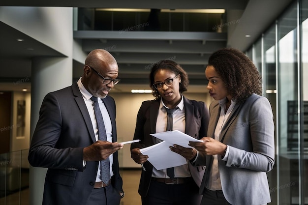 Des professionnels d'affaires afro-américains d'âge moyen discutent d'un document alors qu'ils sont au bureau.