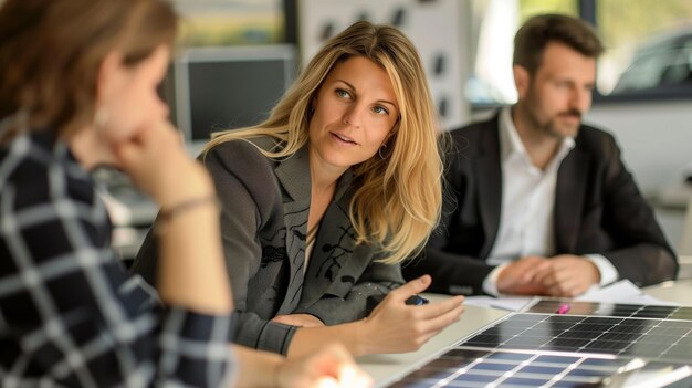 Photo des professionnels concentrés discutent d'un modèle de panneau solaire