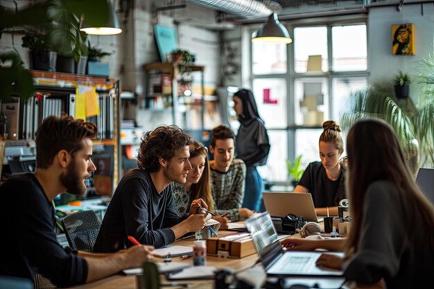 Des professionnels de la création en train de faire un brainstorming dans un studio de design