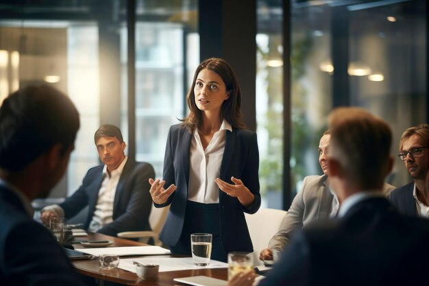 Des professionnels discutent lors d'une réunion Une femme d'affaires se tient dans une salle de réunion