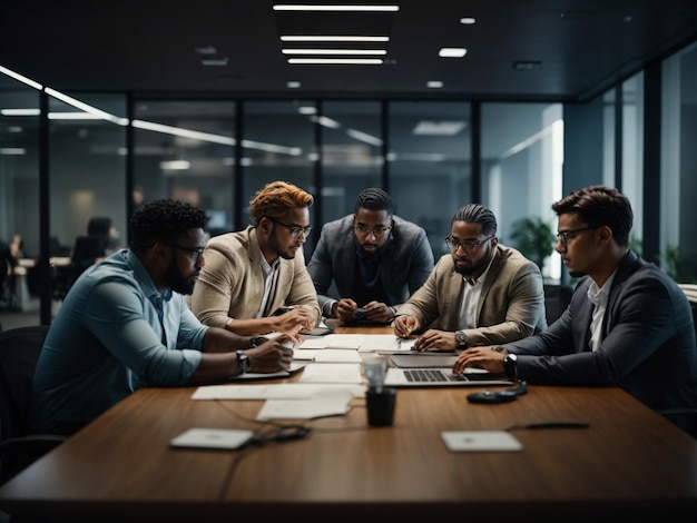 Professionnels de l'informatique alors qu'ils s'engagent dans une réunion productive, brainstorming et collaboration