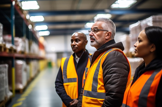 Des professionnels de la logistique coordonnent les opérations dans un entrepôt animé.