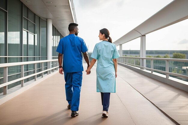 Photo professionnels de la santé masculins et féminins marchant sur le pont menant à l'hôpital