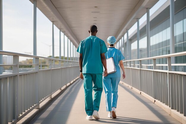 Photo professionnels de la santé masculins et féminins marchant sur le pont menant à l'hôpital