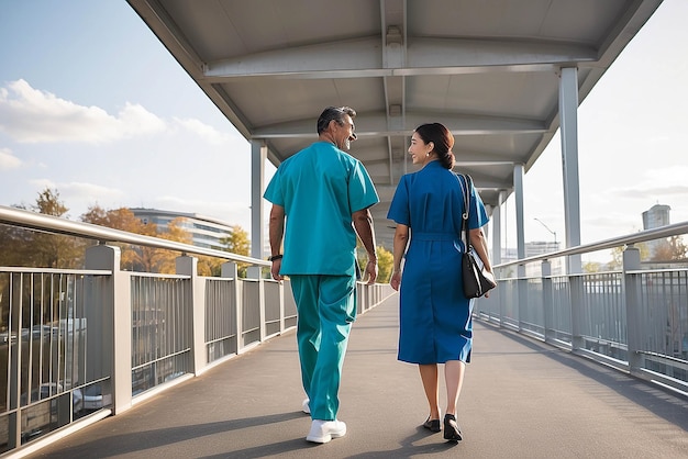 Photo professionnels de la santé masculins et féminins marchant sur le pont menant à l'hôpital