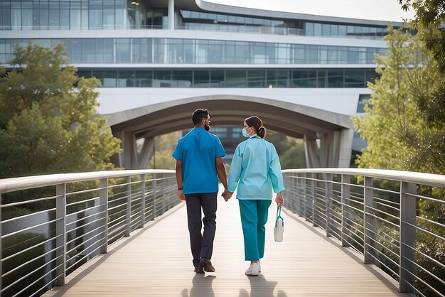 Photo professionnels de la santé masculins et féminins marchant sur le pont menant à l'hôpital