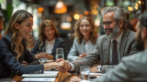 Des professionnels se serrent la main lors d'une réunion réussie dans un restaurant