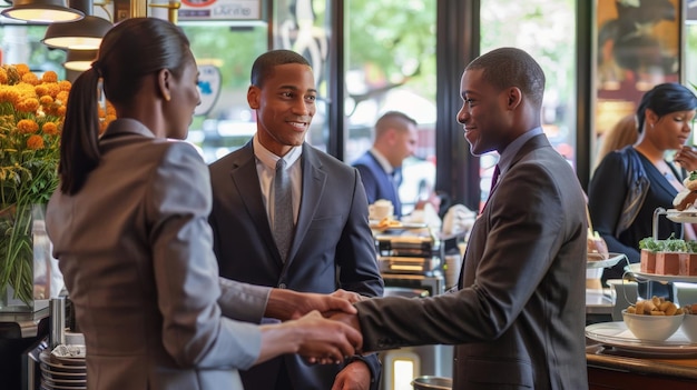 Photo des professionnels en tenue élégante se serrent la main dans un café prêts à discuter de partenariats au petit déjeuner.