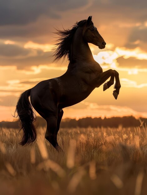 Photo le profil d'un cheval est élégamment décrit contre la lumière rayonnante du soleil couchant dans un cadre rural serein