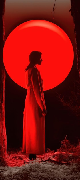 Profil éthérique d'une femme devant une lune rouge radiante dans un cadre naturel nocturne