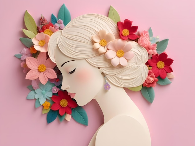 Photo profil féminin avec des fleurs appliqu sur fond pastel ia générative