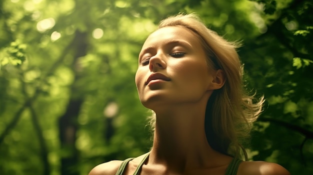 Profil d'une femme détendue respirant l'air frais dans une forêt verte