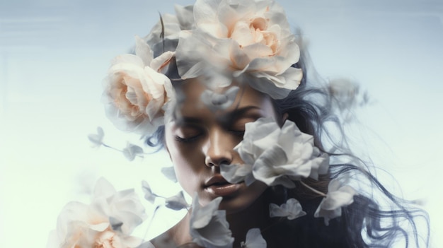 Profil de femme avec des fleurs dans la tête concept de santé mentale double exposition