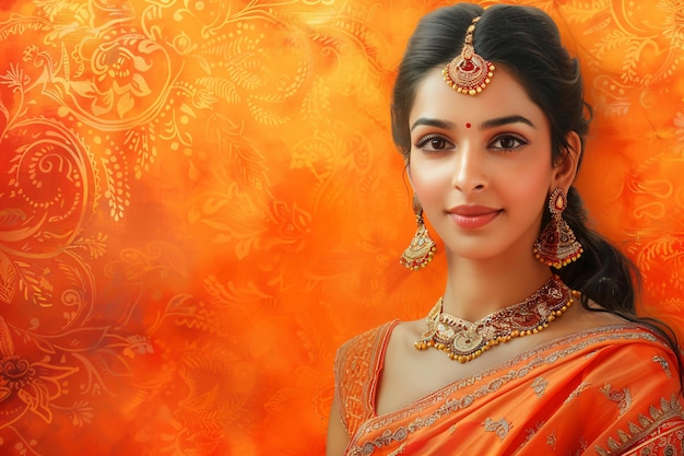 Profil d'une femme indienne en tenue traditionnelle avec un fond festif concept de bannière Gudi Padwa